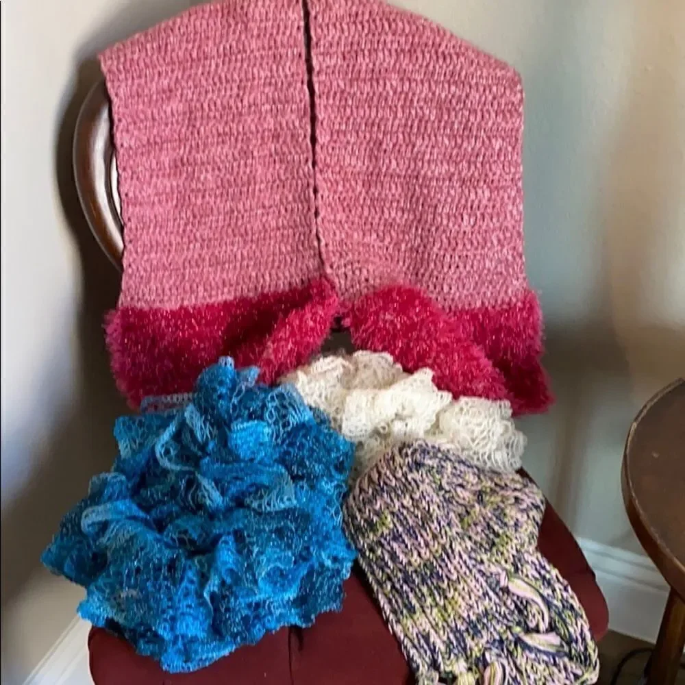 4 Handmade knitted, crocheted, scarfs bundle of 4